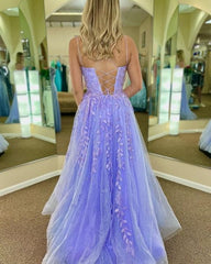 2024 Lilac Lace Prom Dresses A Line Long Formal Dress with Appliques