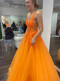 2023 Orange Lace Prom Dresses Floral V Neck Formal Evening Dress