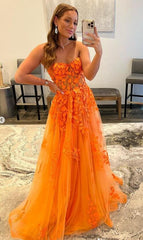 2024 Orange Lace Prom Dresses Sexy Sweetheart Long Applique Formal Dresses