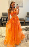 2023 Orange Lace Prom Dresses Sexy Sweetheart Long Applique Formal Dresses