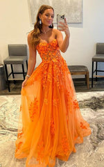 2024 Orange Lace Prom Dresses Sexy Sweetheart Long Applique Formal Dresses