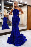 2024 Sparkly Sequins Mermaid Prom Dresses One Shoulder Long Formal Dress