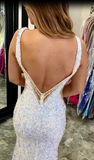 2024 White Sequin Iridescent Prom Dresses Long Mermaid V Neck Split Evening Gown