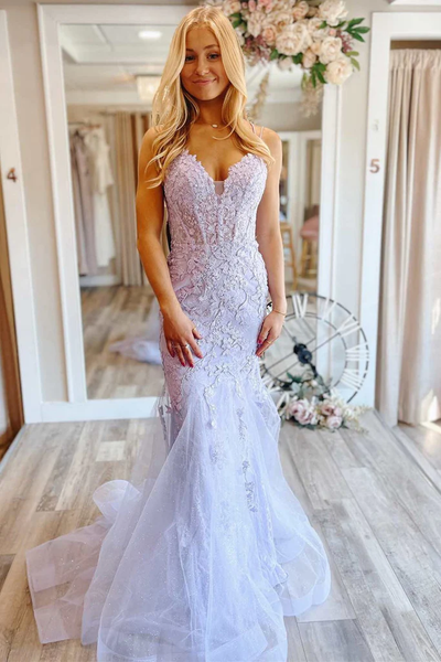 2025 Lace Long Lavender Prom Dress Floral V Neck Mermaid