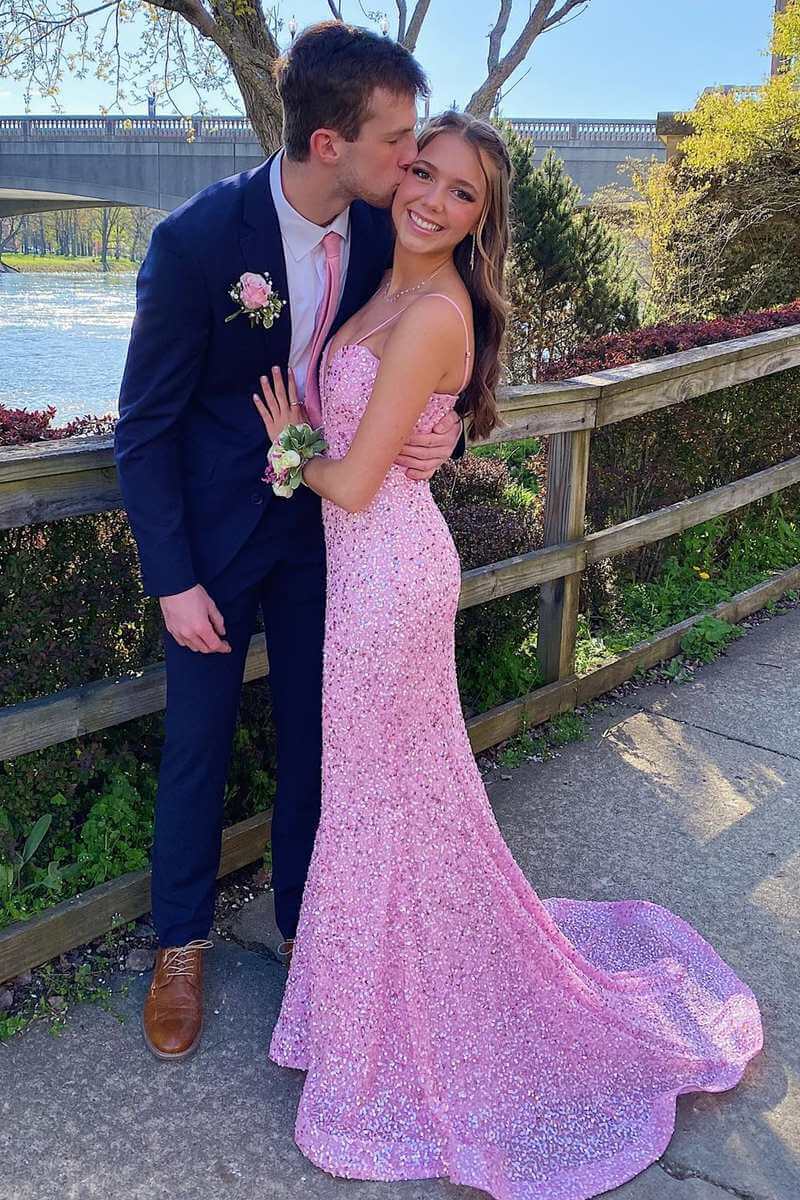 2025 Long Pink Prom Dresses Sequin Mermaid Sleeveless Formal Dress Custom Color / US2 2025 Long Pink Prom Dresses Sequin Mermaid Sleeveless Formal Dress Custom Color / US2