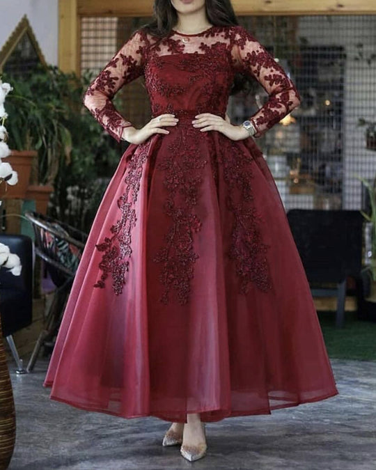 Long Sleeves Burgundy Wedding Guest Dress Short Ankle Length Prom Dress Lace Burgundy / US16 Long Sleeves Burgundy Wedding Guest Dress Short Ankle Length Prom Dress Lace Burgundy / US16