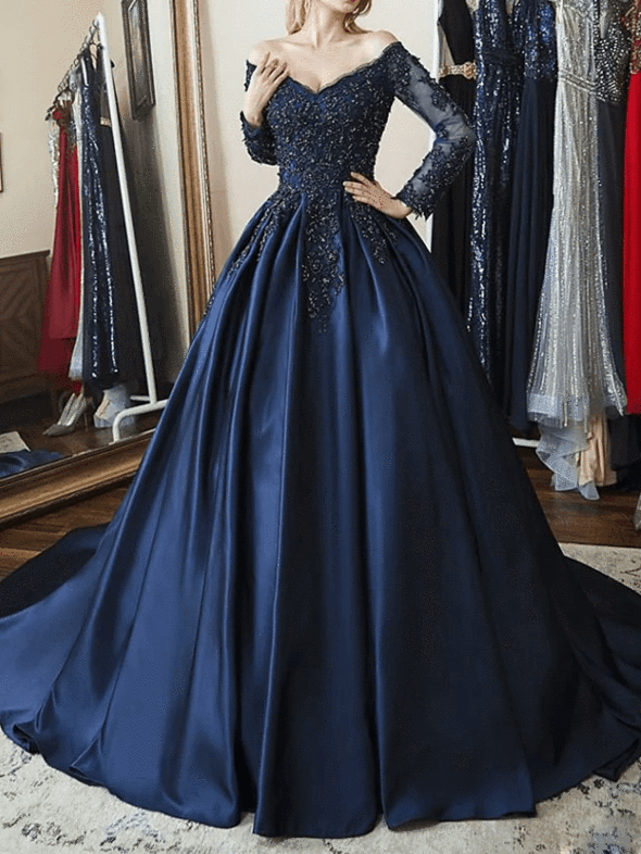 navy blue prom dresses 2025 Strapless Satin Dress with Lace & 3D Flowers ready to make an unforgettable entrance Navy Blue Prom Formal Dress