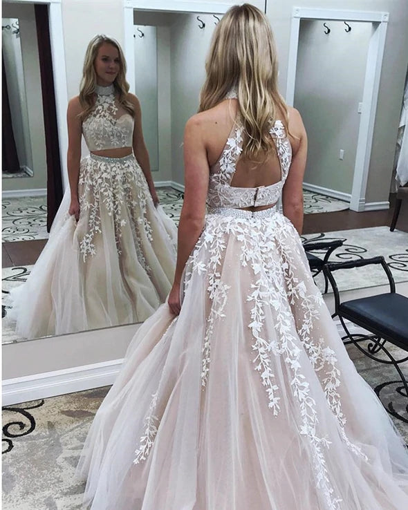 2025 Champagne Two Piece Prom Dresses UK High Neck Lace Evening Dress Pink / US4 2025 Champagne Two Piece Prom Dresses UK High Neck Lace Evening Dress Pink / US4