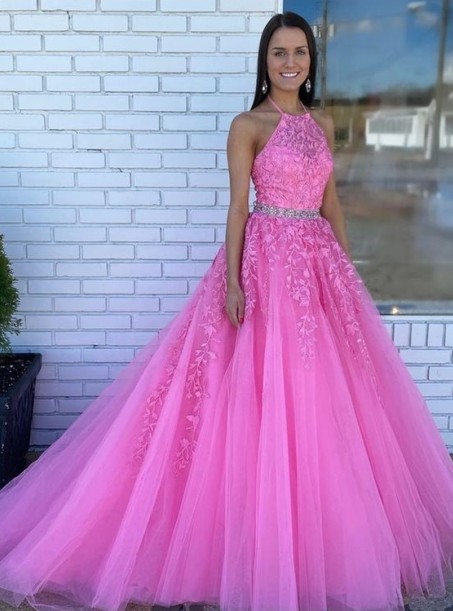 2025 Halter Pink Prom Dresses A Line Lace Evening Gowns With Beaded Custom Color / US6 2025 Halter Pink Prom Dresses A Line Lace Evening Gowns With Beaded Custom Color / US6