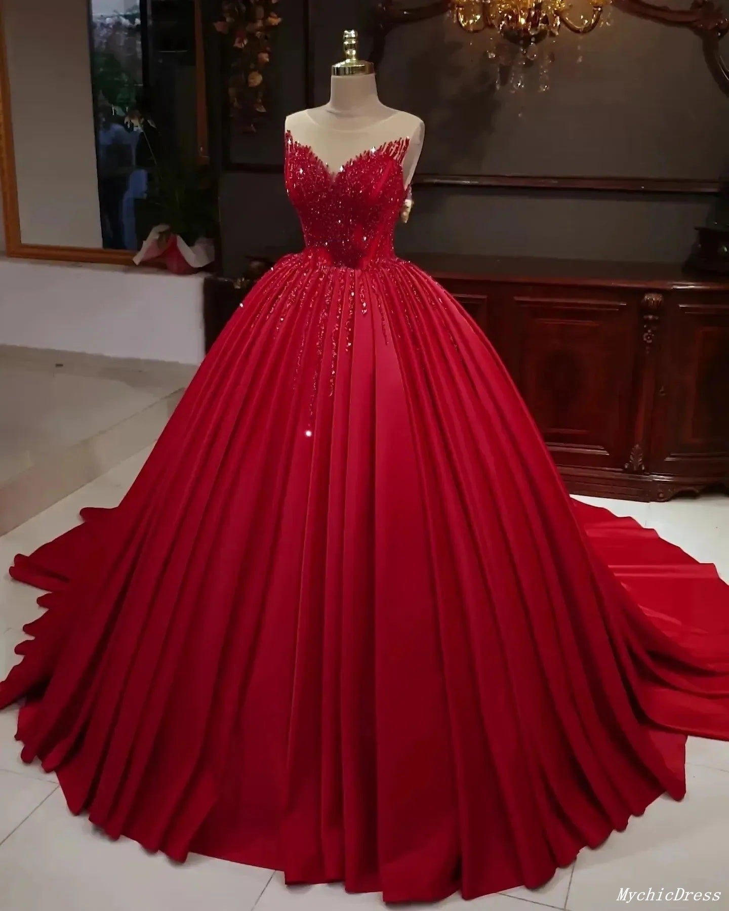 MyChicDress Sleeveless Stretch Satin Quince Dress with Sequins