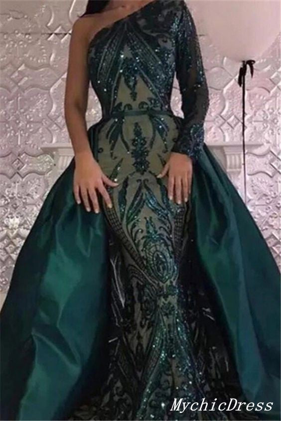 2025 Long Lace one Shoulder Prom Dresses Emerald Green UK Detachable T MyChicDress 2025 Long Lace one Shoulder Prom Dresses Emerald Green UK Detachable T MyChicDress
