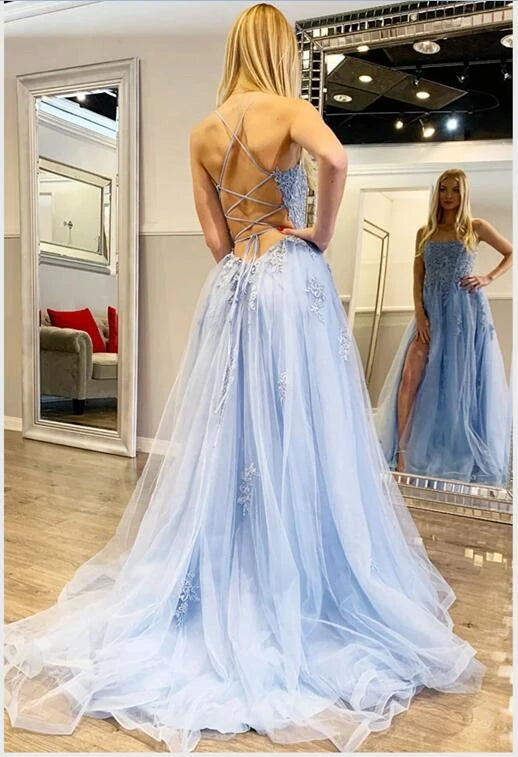 2025 Long Light Blue Prom Dress Backless Floral Lace Formal