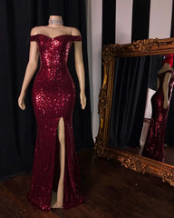 2025 Long Mermaid Burgundy Sequin Prom Dresses Glitter Split Evening Gown MyChicDress