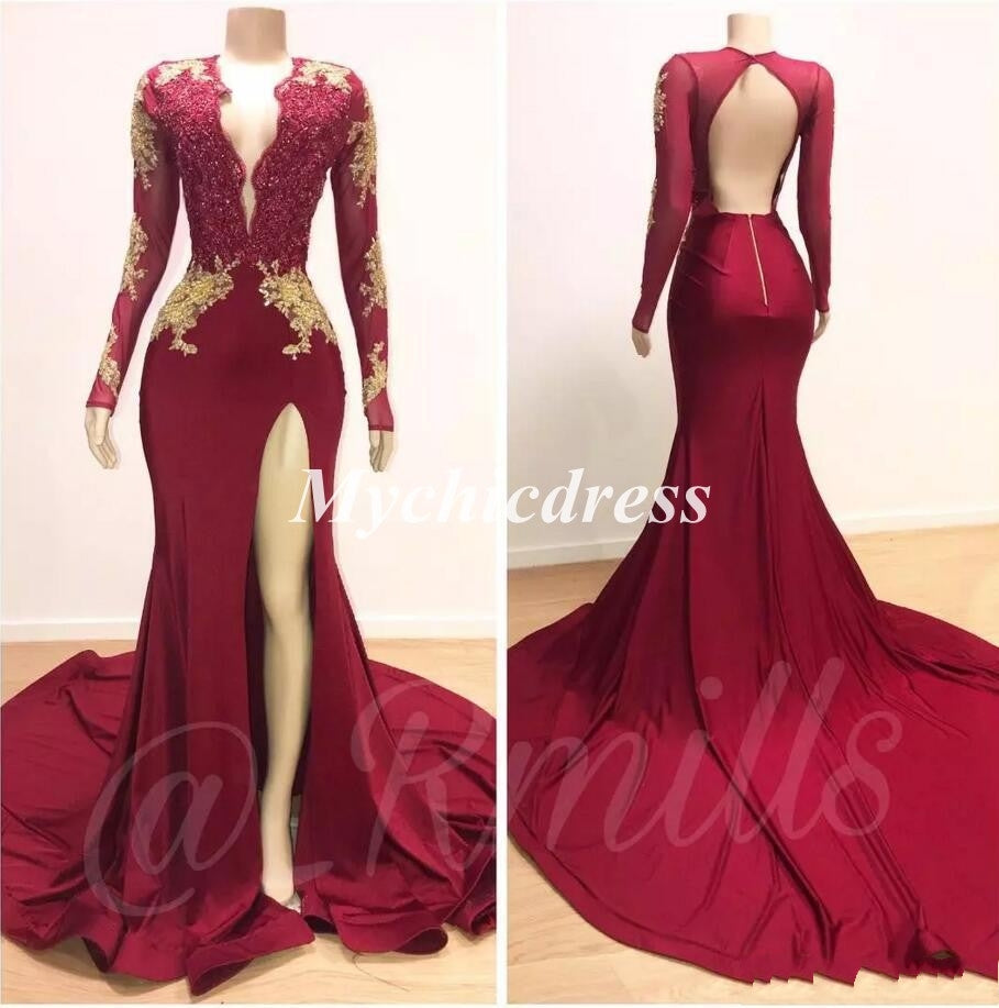 Long Gold And Red Prom Dress 2025 Long Mermaid Gold Red Lace Prom