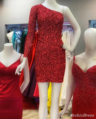 2025 One Shoulder Short Homecoming Dress Burgundy Sequin Prom Dresses MyChicDress