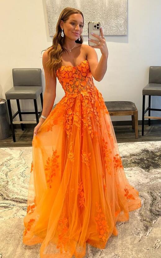 2025 Orange Lace Prom Dresses Sexy Sweetheart Long Applique Formal Dresses Orange / US16 2025 Orange Lace Prom Dresses Sexy Sweetheart Long Applique Formal Dresses Orange / US16