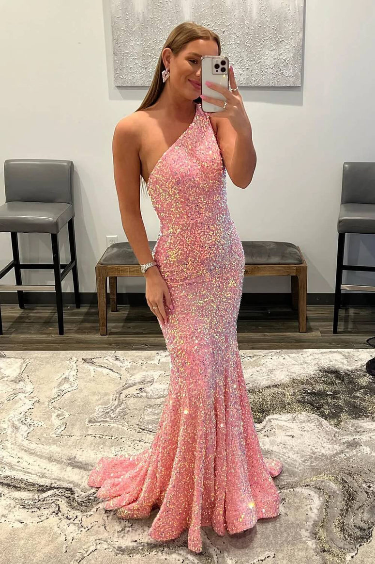 2025 Sparkly Sequins Mermaid Prom Dresses One Shoulder Long Formal