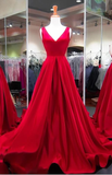 A Line Red Prom Dresses V Neck Satin Long Evening Dress
