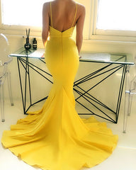 Mermaid Long V Neck Yellow Prom Dresses Spaghetti-Straps