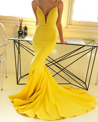 Mermaid Long V Neck Yellow Prom Dresses Spaghetti-Straps
