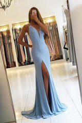 Mermaid Long Sleeveless Evening Gowns Spaghettis Straps Blue Prom Dresses