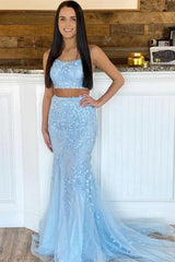 Blue Lace 2 Piece Prom Dresses 2024 Long Mermaid Evening Gowns