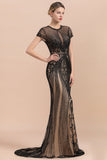 Luxury Black Short Sleeves Prom Dresses Beaded Mermaid