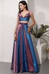 Glitter Two Piece Sequin Prom Dresses Long Evening Dress