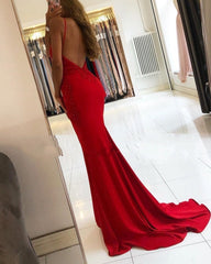 Red Lace Prom Dresses Spaghetti Straps Mermaid Evening Dress