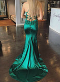 Green Satin Halter Prom Dresses Mermaid Formal Dress Crossed Straps Back