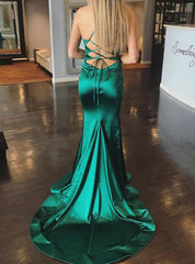 Green Satin Halter Prom Dresses Mermaid Formal Dress Crossed Straps Back