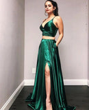 Simple Princess Emerald Green Prom Dresses UK Two Pieces V-Neck Party Dress