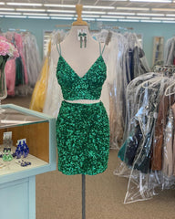 Green Two Piece Sequin Prom Dresses Short Homecoming Dresses
