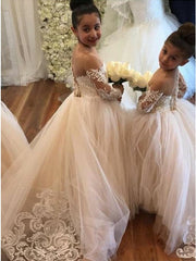 Princess Lace White Flower Girl Dresses Long Sleeves with Bowknot