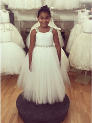 A-line Square Sleeveless Lace Flower Girl Dresses with Rhinestone Bowknot