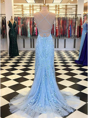 Mermaid Long Lace Light Blue Prom Dresses Spaghetti Straps