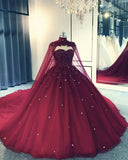 Ball Gown Burgundy Quinceanera Dresses Lace with Cape
