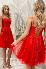 Simple Spaghetti Straps Red Lace Short Homecoming Dresses