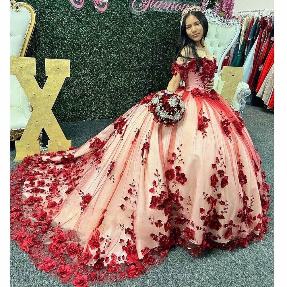 Vestido de quinceaera con hombros descubiertos, color rojo oscuro, co MyChicDress Vestido de quinceaera con hombros descubiertos, color rojo oscuro, co MyChicDress