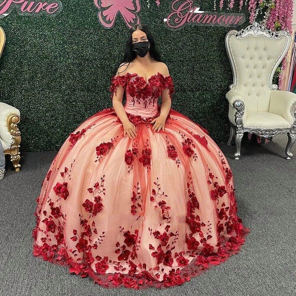 Vestido de quinceaera con hombros descubiertos, color rojo oscuro, co MyChicDress Vestido de quinceaera con hombros descubiertos, color rojo oscuro, co MyChicDress