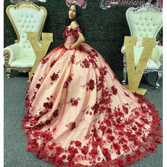 3D Flowers Dark Red Sweet 16 Dresses Off The Shoulder 2024 Quicneanera Dress