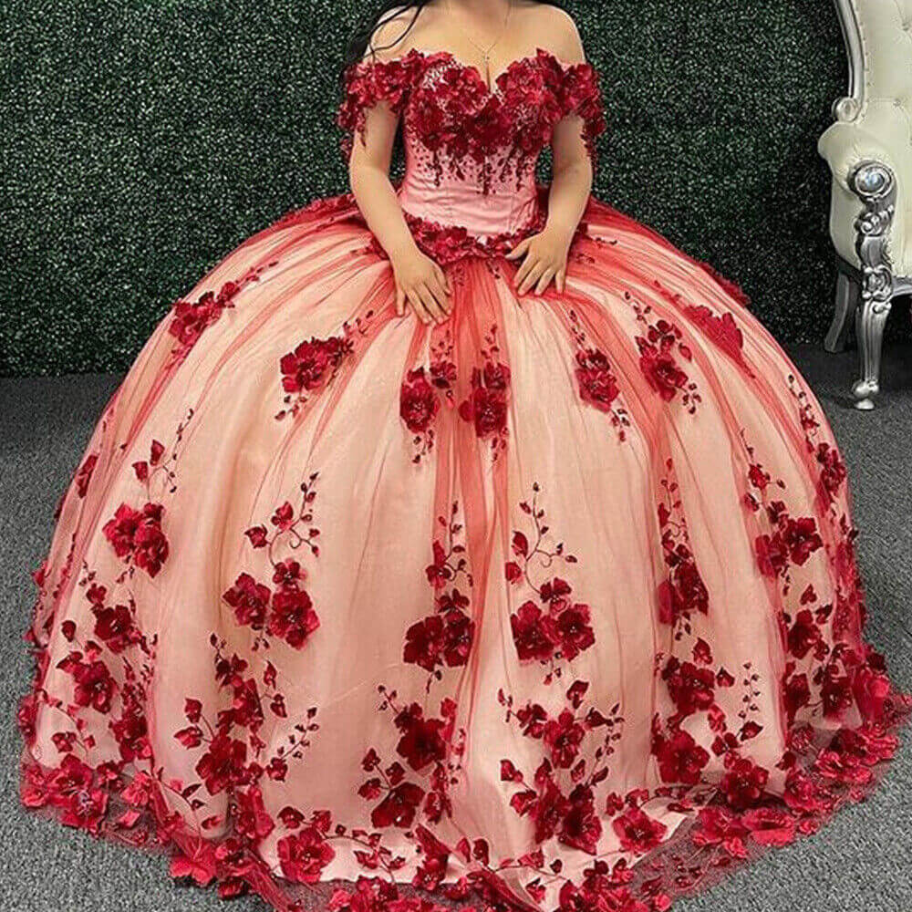3D Flowers Dark Red Sweet 16 Dresses