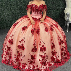 3D Flowers Dark Red Sweet 16 Dresses Off The Shoulder 2024 Quicneanera Dress