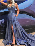 Blue Sparkly Homecoming Dresses Long Sequin Prom Dresses