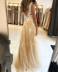 A Line V Neck Lace Champagne Prom Dresses Cheap