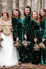 Mermaid Long Sleeves Green Velvet Bridesmaid Dresses