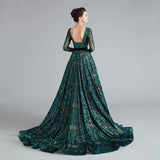 Sexy Long Sleeves Green Lace Prom Dresses Open back