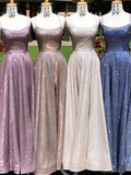 Simple Glitter Prom Dresses Spaghetti Strap Split Homecoming Dresses