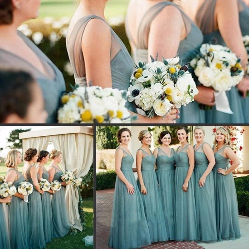 Sheath Floor-Length Tulle Dusty Blue Bridesmaid Dresses Sleeveless ...