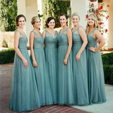 Sheath Floor-Length Tulle Dusty Blue Bridesmaid Dresses Sleeveless